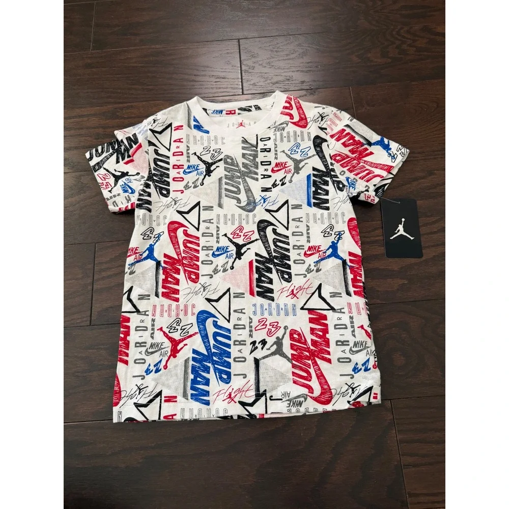 Jordan Boys Jumpman All Over Print White T-Shirt Size 6 85A989-001 NWT
